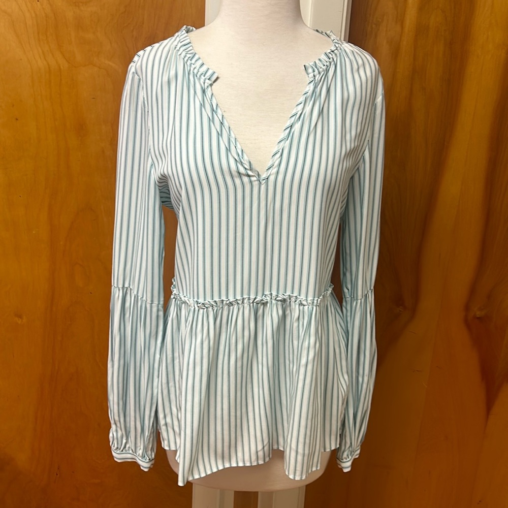Tart blue and white striped ruffle long sleeve top size XS